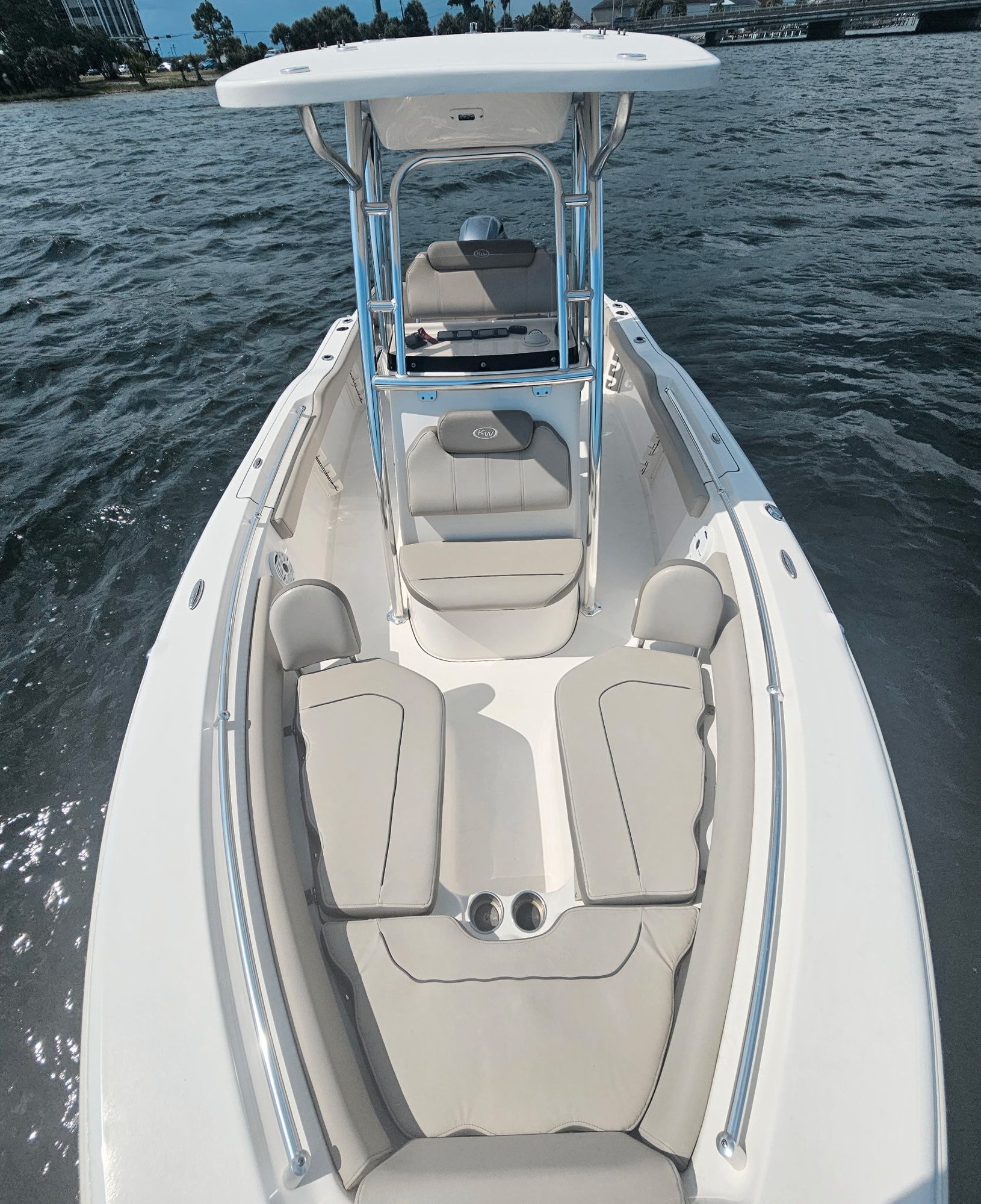 overhead view of the bow cushions and seating on a Key West center console fishing boat
