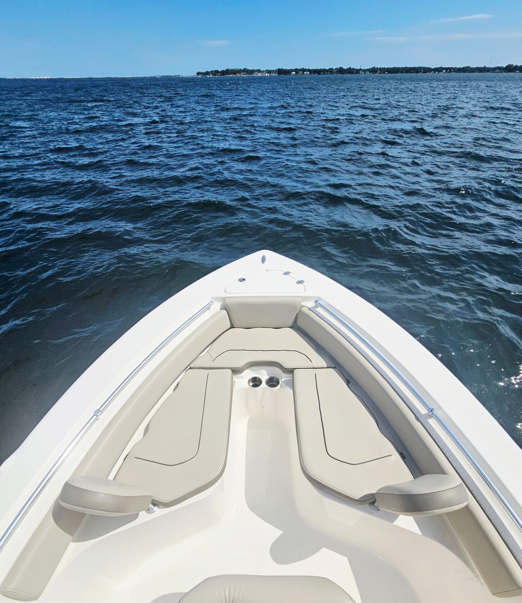 View of the front seating area on a 22 foot fishing boat