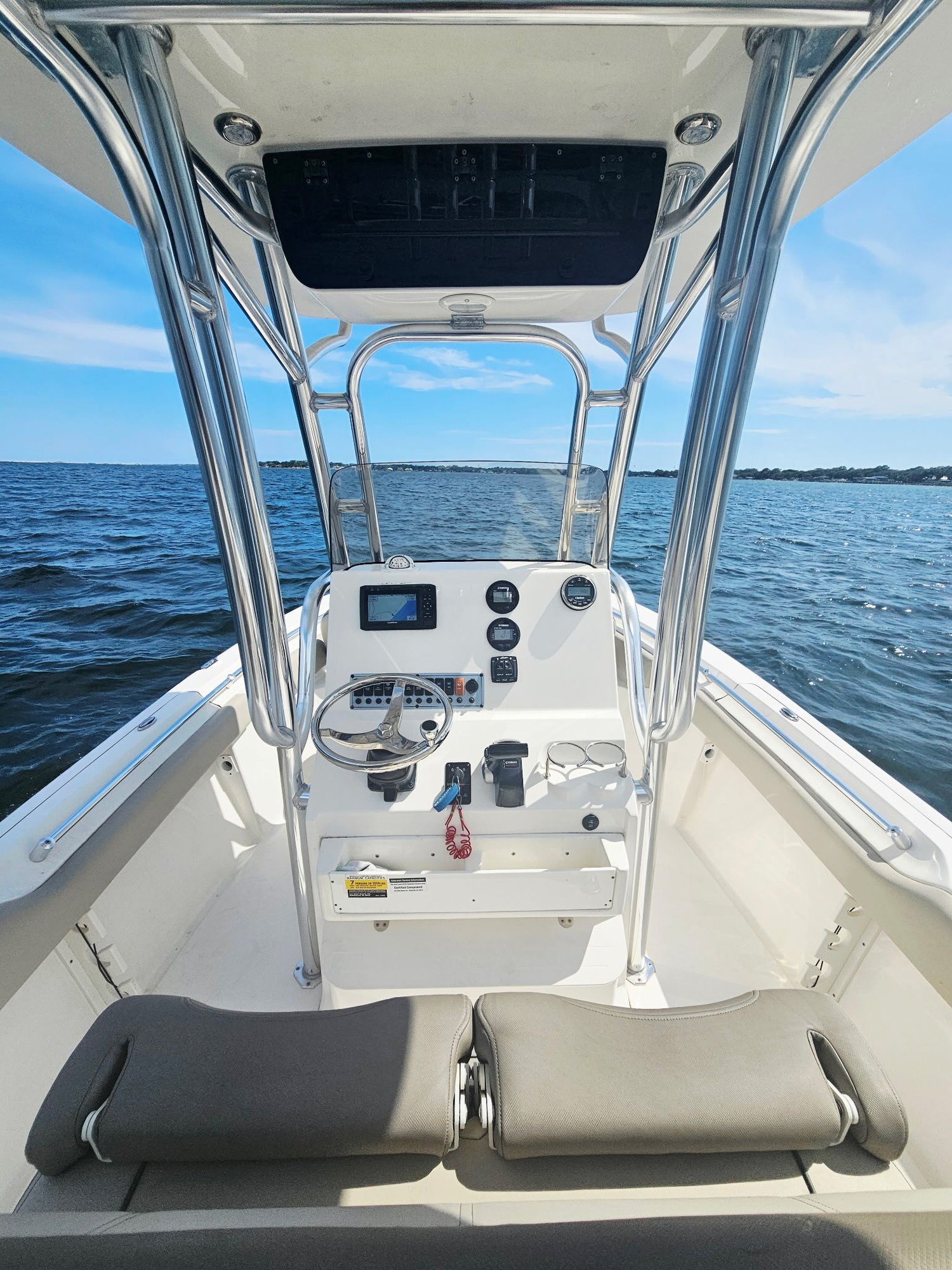 dashboard and helm on a Key West center console boat