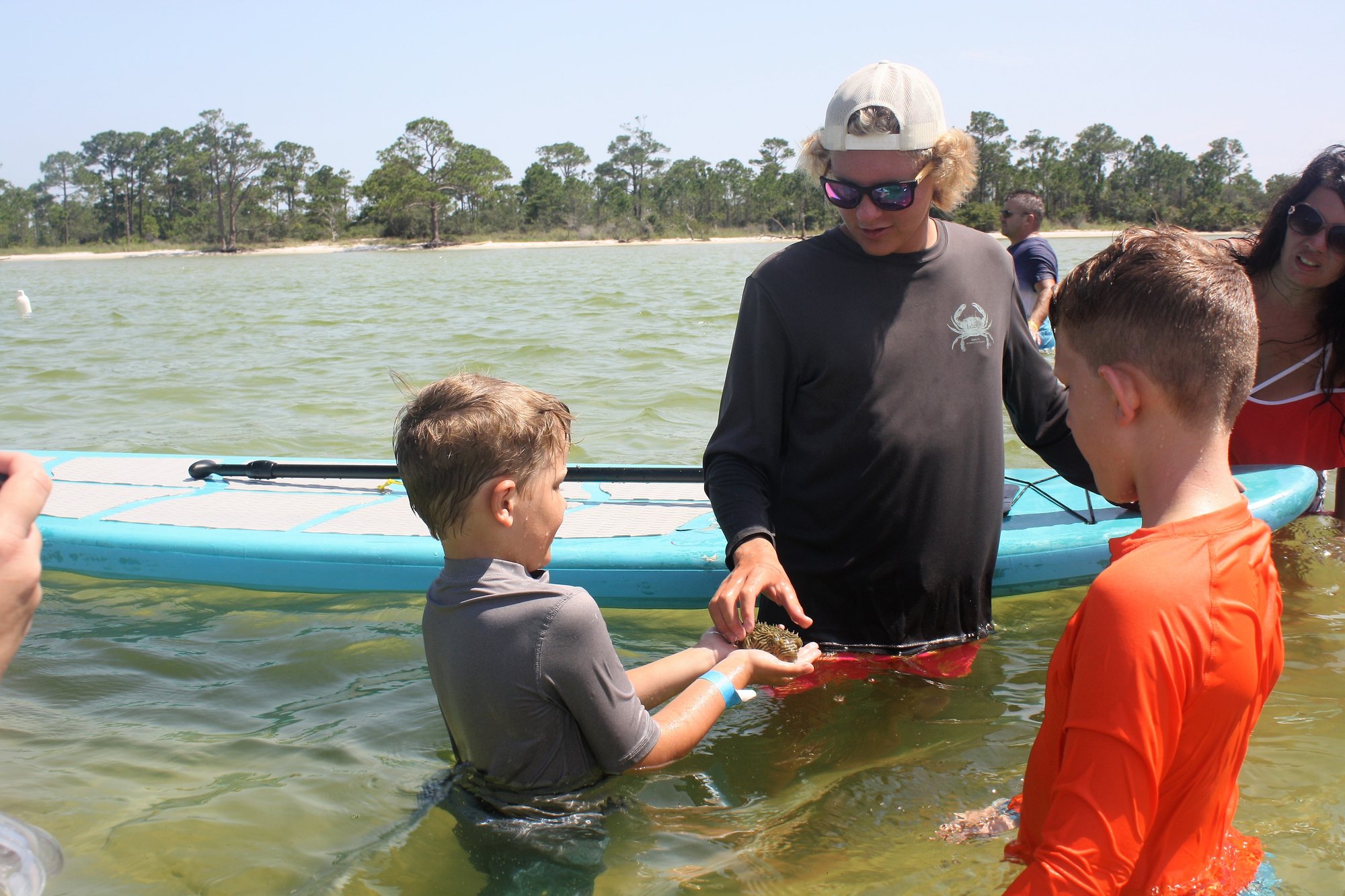 man showing two young boys a turtle in the water