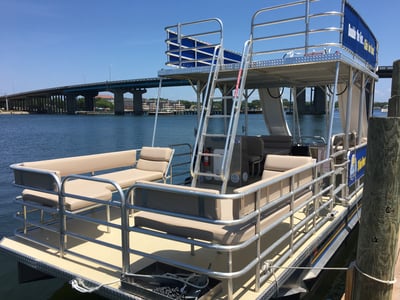 empty double decker pontoon boat with two slides
