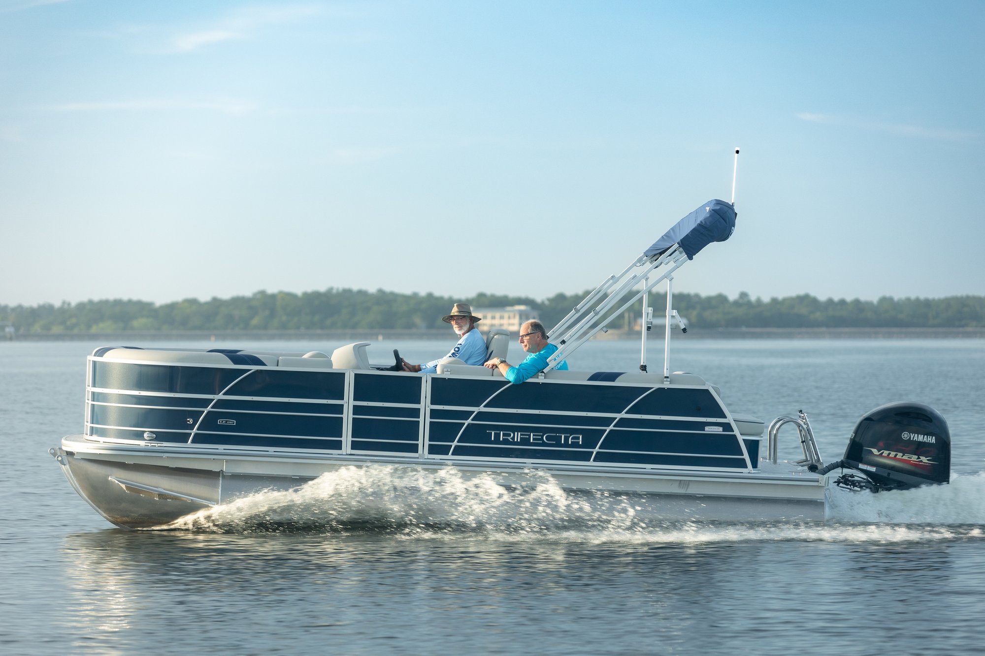 pontoon boat cruising through the bay