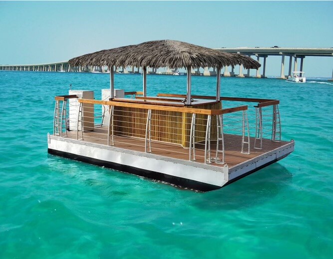 tiki boat in the water at crab island