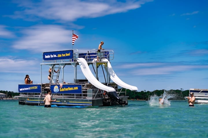 double decker pontoon boat with slides at crab island destin