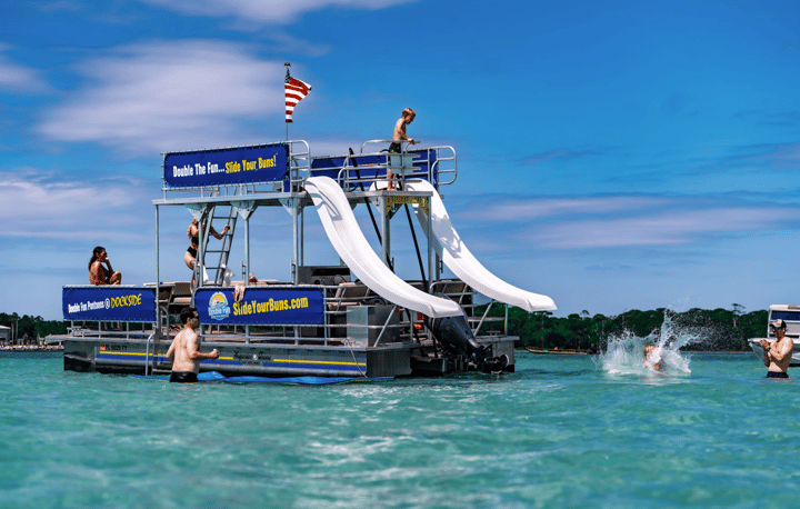double decker pontoon with slides at crab island in destin