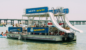 double decker pontoon floating in the water at crab island